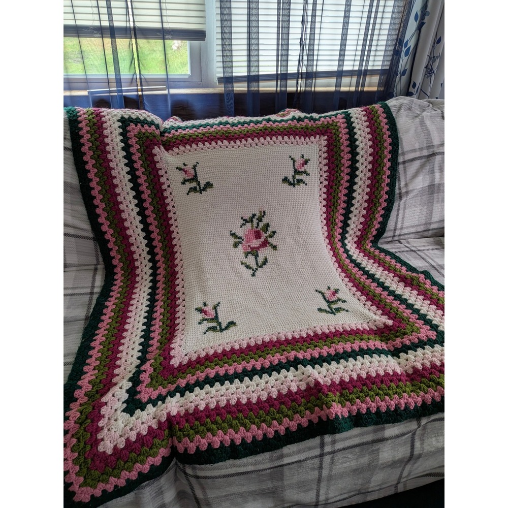 Vintage Handmade Crochet Floral Afghan Blanket Pink Green White Rose CrossStitch